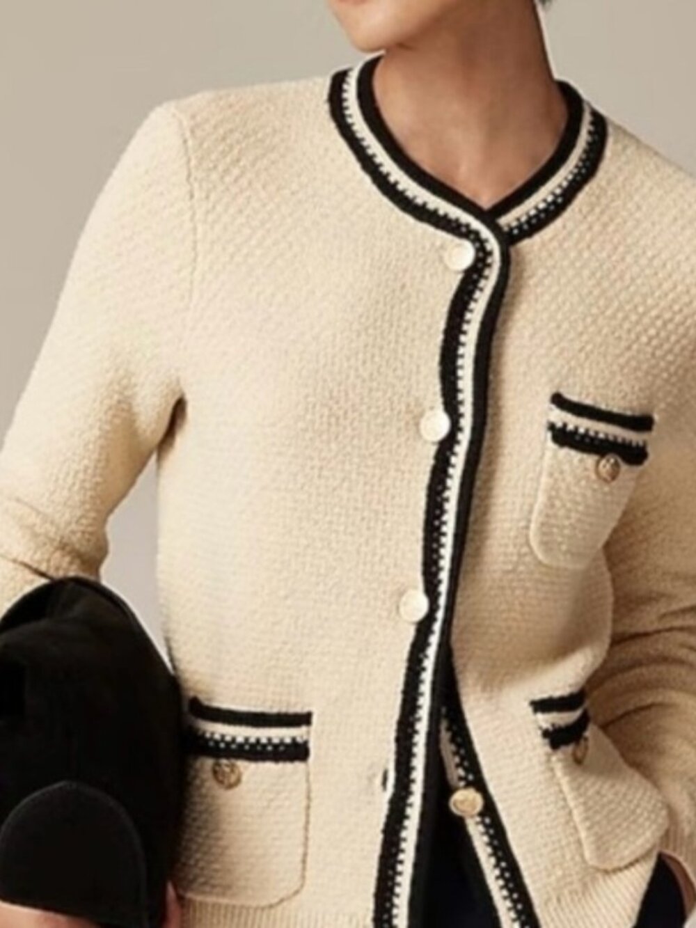 J.Crew Cream Bouclé Cardigan with Black Trim Size 2x